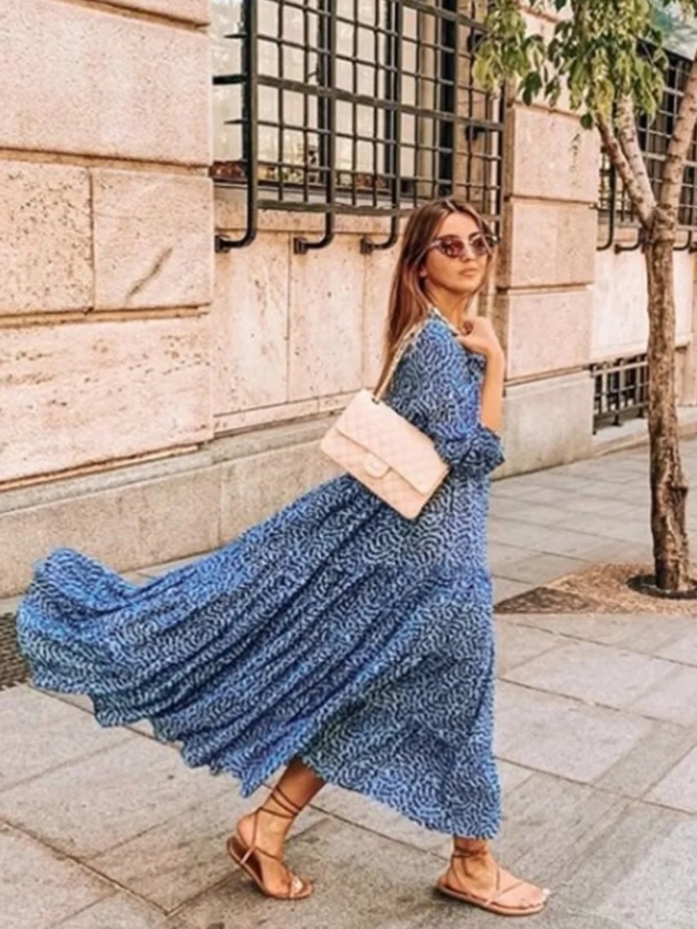 Zara The Angel Dress Blue Abstract Tiered Midi Dress Long Sleeves Flowy Small